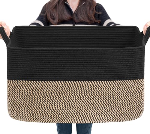 Goodpick Large Blanket Basket, 22" x 17" x 12" Wicker Storage Baskets for Organizing, Rectangle Nursery Basket for Toys Storage, Dirty Clothes Baskets for Living Room, Bedroom - color: Black, size: 22"L x 17"W x 12"H