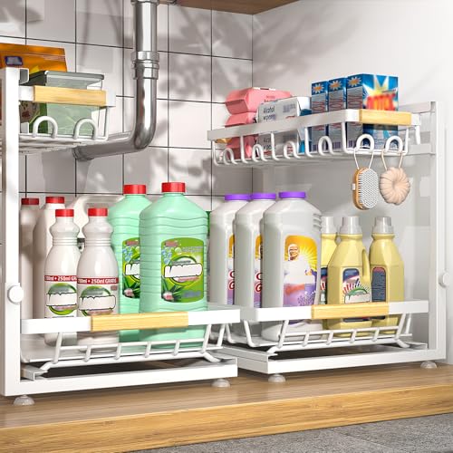 Sevenblue 2 Packs Under Sink Organizer, Height Adjustable 3 Tier Under Kitchen Sink Organizer, Multi-Purpose Storage Shelf for Kitchen Bathroom Cabinet (White, Large) - color: White, size: Large