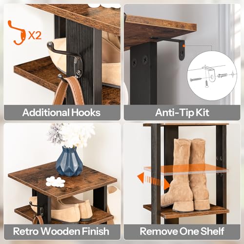 HOOBRO 8 Tiers Vertical Shoe Rack, Wooden Shoe Storage Organizer with Hooks, Narrow Shoe Tower for 8 Pairs, Space Saving, for Entryway, Living Room, Bedroom, Rustic Brown BF07XJ01G1 - color: Rustic Brown, size: 8 Tier (11"W)