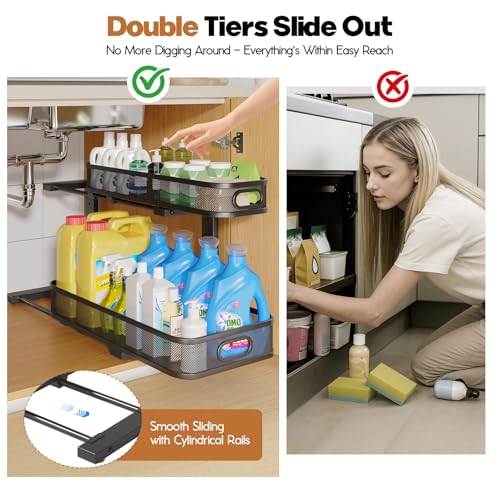 2 Pack 21.3IN-Depth Under Sink Organizer with Smooth Cylindrical Rail,2-Tier Pull Out Multi-Purpose Cabinet Storage for Bathroom&Kitchen,Height Adjustable,Rust-Resistant Coating-Black - color: Black, size: 2 Pack-21.3"Dx11"-16.14"H