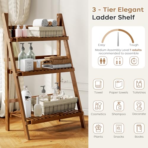 39.4" Bamboo Ladder Shelf Plant Shelf, 3 Tier Foldable Ladder Flower Pot Display Shelf Rack, 23.6"W x 15"D x 39.4"H, Freestanding Bookshelf for Garden, Balcony, Yard, Patio, Lawn, Living Room, Walnut - color: 3-tier Walnut