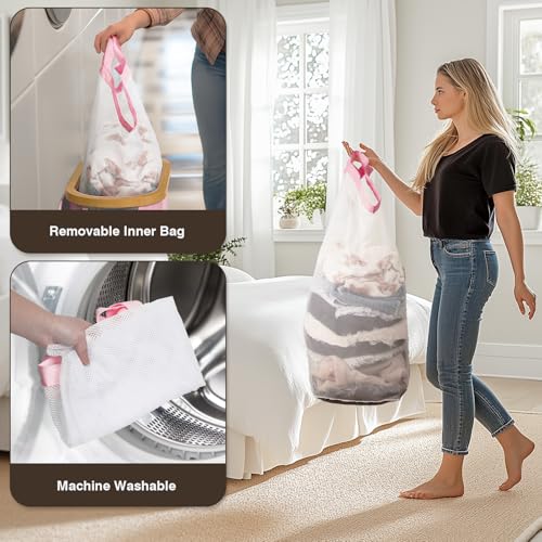 Slim Laundry Hamper with Lid, 60L Small Laundry Basket with Handles&Removable Bag, Thin Dirty Clothes Hampers for Laundry, Narrow Laundry Hampers for Bedroom Aesthetic, Pink - color: Pink, size: 60L
