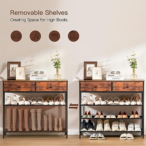 usikey Shoe Rack, 4 Tier Shoe Storage Organizer with 2 Drawers, Metal Shoe Shelf for 12-15 Pairs of Shoes, with 3 Oxford Fabric Shelves and Wooden Top, Shoe Stand for Entryway, Rustic Brown UNYXJX008F - color: 4 Tier ( 36.2 X 11 X 29.5 Inches)-rustic Brow