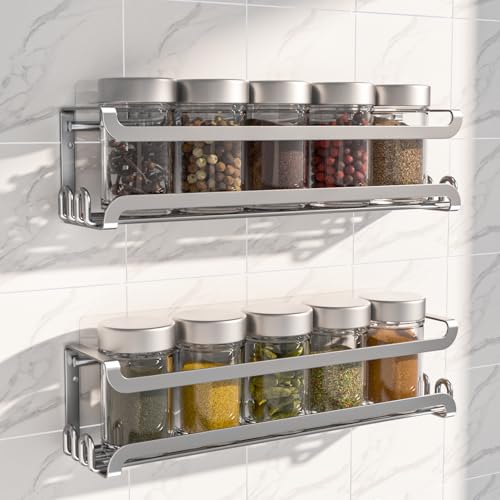 LUCYCAZ 2 Pack Wall Mounted Spice Rack with 8 Hooks, Spice Organizer Shelf for Stove Cabinet Pantry Door,Screw or Adhesive Spice Shelf Hanging Wall Spice Rack in Kitchen and RV (Silver, 2 PACK) - color: Silver, size: 2 PACK
