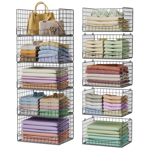 JKsmart 5-Tier Stackable Closet Organizers and Storage Shelves,Extend Clothing Closet Shelf Bins for Jeans Pants Sweaters - Wardrobe Cupboard Clothes Organizer System-Wider Mouth Design - color: Black, size: 5-Tier 15.9''W×11.8''D×35.4''H
