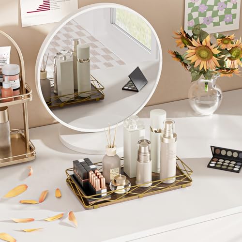 Lixple Toilet Paper Basket Holder, 13" Toilet Tank Tray, Wood and Metal Toilet Tray Vanity Organizer Bathroom Tray, Kitchen Sink Organizer for Soap Dispenser (Brown+Gold) - color: Brown+gold