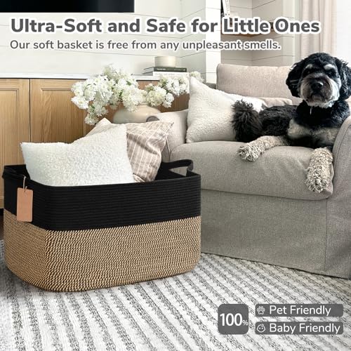 Goodpick Woven Storage Baskets for Organizing 22”x17”x12” Large Blanket Basket for Living Room Bedroom, Rectangle Wicker Storage Basket with Handles, Toy Baskets for Baby Boys, Black & Jute - color: Black Jute, size: 22"L x 17"W x 12"H