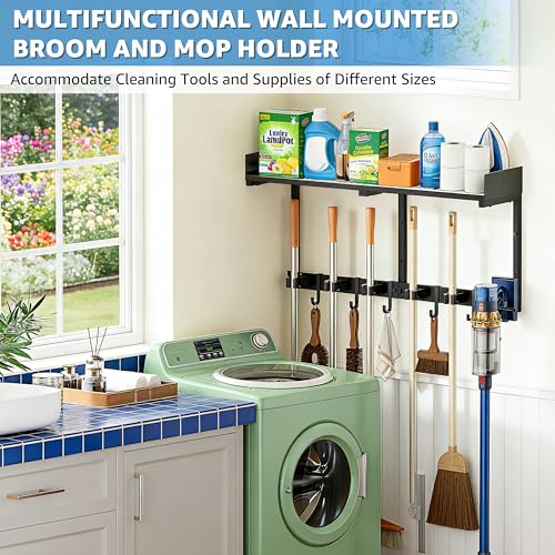 HUFAND Broom Holder Wall Mount, 27" Large Mop and Broom Organizer Wall Hanging with Top Storage Shelf & Vacuum Hook, Heavy Duty Iron Utility Rack for Laundry Room, Garage, Kitchen, Garden - Black - size: Large