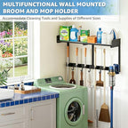 HUFAND Broom Holder Wall Mount, 27" Large Mop and Broom Organizer Wall Hanging with Top Storage Shelf & Vacuum Hook, Heavy Duty Iron Utility Rack for Laundry Room, Garage, Kitchen, Garden - Black - size: Large