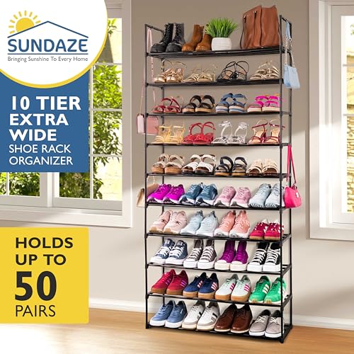 Sundaze Shoe Rack - 10 Tier Metal Shoe Rack for Front Door Entrance, Sturdy Tall Shoe Organizer for Closet, Bedroom, Entryway, Garage, Black Metal Shoe Shelf, Holds Up to 50 Pairs