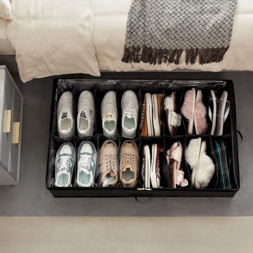 Lifewit Under Bed Shoe Storage Organizer 2 Pack(16 Shoes Cells+4 Boots Cells), 4.3 Inches Profile Fabric Shoes Container Box with Clear Cover, Foldable Storage Bag with 2 Handles, Fits 24 to 40 Pairs - style: 16 Shoes Cells+4 Boots Cells