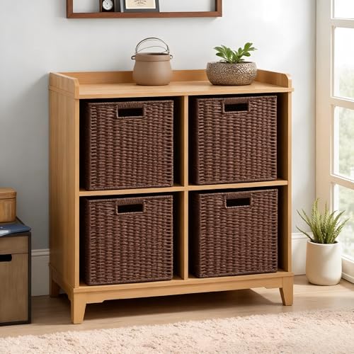 UBBCARE 3 Pack Wicker Basket, 11L×11H×10.5W inch Woven Paper Rope Storage Baskets for shelves, Foldable Cube Storage bin with Handle, Storage Basket for Organizing & Decor, Brown - color: Dark Brown, size: Cube-3pack 11"