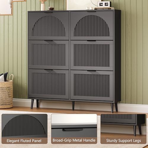 BORNOON Shoe Cabinet for Entryway with 6 Flip Drawers, Slim Wooden Shoe Storage Organizer with Modern Fluted Pannel，Freestanding Narrow Hidden Shoe Rack for Hallway, Foyer, Living Room - color: Black, size: 6 Flip Drawers