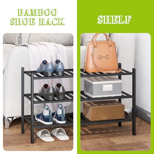 BMOSU 3-Tier Bamboo Shoe Rack Premium Stackable Shoe Shelf Storage Organizer for Hallway Closet Living Room Entryway Organizer (Black Bamboo) - color: Black Bamboo, size: 3-Tier（27*11*18.3inches）