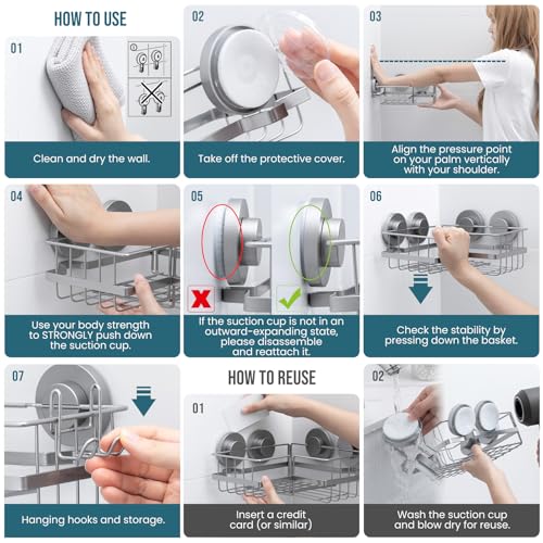 TAILI Corner-adaptive Suction Cup Shower Caddy 2 Pack, Stainless Steel Rustproof Corner Shower Shelves, Drill-Free Wall Mounted Baskets, Large Capacity, Removable Suction Cup Bathroom Organizer, Gray - style: Corner-adaptive, Grey