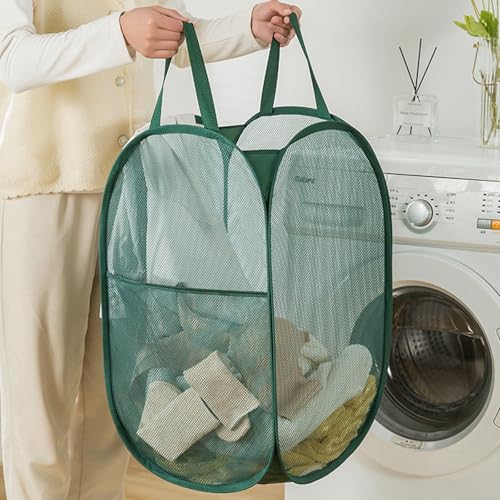 Pop Up Laundry Basket, Collapsible Mesh Laundry Hamper, Vertical Popup Hamper for Laundry, Spacing Saving Storage Basket for Bedroom, Hotel, Cruise, Green - color: Green