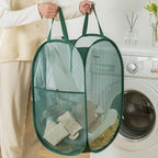 Pop Up Laundry Basket, Collapsible Mesh Laundry Hamper, Vertical Popup Hamper for Laundry, Spacing Saving Storage Basket for Bedroom, Hotel, Cruise, Green - color: Green