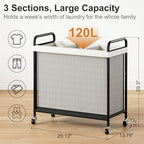 WOWLIVE Laundry Hamper 3 Section, 120L Rolling Laundry Basket with wheels and Removable Liner Bag, Laundry Sorter with Metal Handle, Large Clothes Hamper for Laundry Room, Bathroom and Dorm, Beige - size: 3-Section
