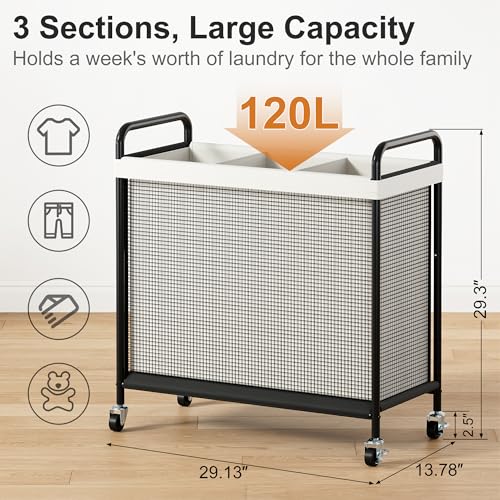 WOWLIVE Laundry Hamper 3 Section, 120L Rolling Laundry Basket with wheels and Removable Liner Bag, Laundry Sorter with Metal Handle, Large Clothes Hamper for Laundry Room, Bathroom and Dorm, Beige - size: 3-Section