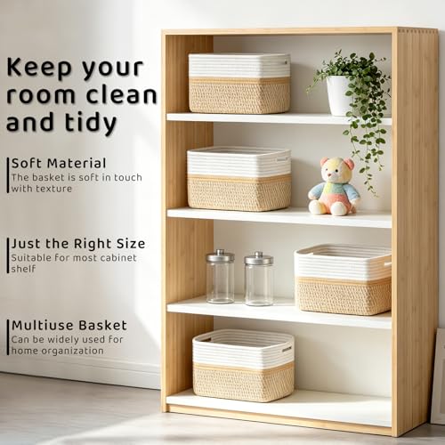 4 Pack Storage Baskets for Organizing, 12''Lx9''Wx8''H Woven Baskets for Storage Toys, Towels, Books, and Clothes, Cotton Rope Basket for Shelves with Handle - color: White & Beige