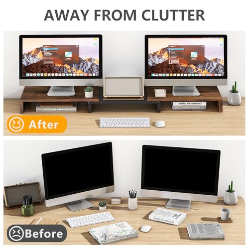 TAVR Dual Monitor Stand Riser, Computer Monitor Stands for 2 Monitors, Extra Long Multifunctional Desktop Organizer Riser for Computer, Laptop, PC, Printer, TV, Max 43.3" Length, Rustic Brown - color: Rustic Brown