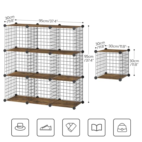 HOOBRO Floating Shelves for Wall and Wire Cube Storage Organizer, Wall Mounte, Wall Mounted Shelf Set of 2, 9-Cube Shelves, Modular Shelves with Metal Grid, DIY Closet Cabinet BF60BJ01-BF09CW01