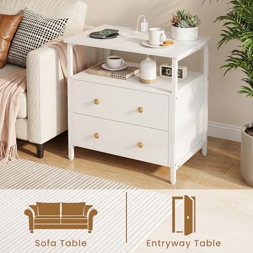 Edbuosy 27 inch Wide Night Stand with Charging Station, Bedside Table with Open Shelf, 2 Drawers Small Wood Dresser, Modern Wood Nightstand for Bedroom/Living Room (White) - color: White, size: 2 Drawers