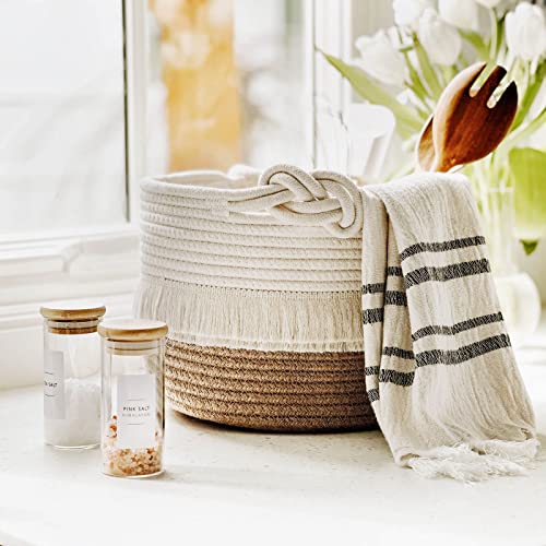 CherryNow Small Woven Storage Baskets Cotton and Jute Rope Decorative Hamper for Diaper, Blankets, Magazine and Keys, Cute Tassel Nursery Decor - Home Storage Container – 9.5'' x 7'' - color: White & Camel, size: 10L (9.5"W x 7"H)