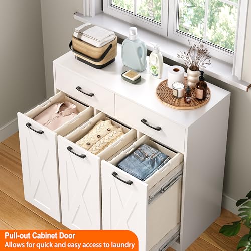 Herture Laundry Hamper Cabinet, Laundry Basket 3 Section with 2 Storage Drawers, Laundry Sorter with Pull-Out Removable Large Bags, 3 x 15.87 Gallons (60L), for Laundry Room Bathroom, White YL01XLW