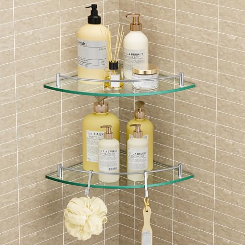 KES Glass Corner Shelf for Bathroom Corner Shelf 2 Pack Tempered Glass Shelf with Rail SUS 304 Stainless Steel Wall Mounted Brushed Finish, BGS2101A-2-P2 - color: Brushed Finish