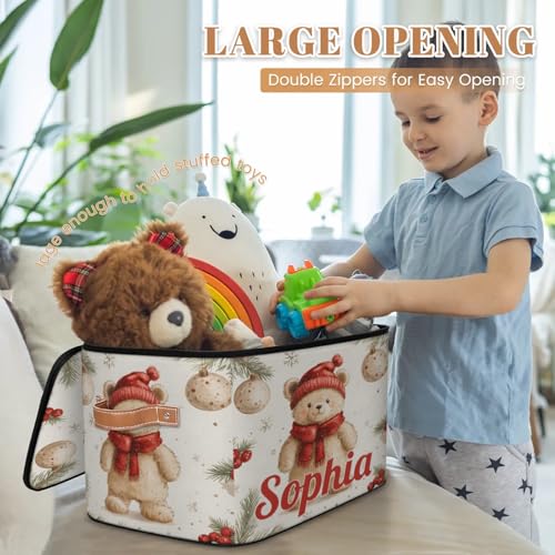 Custom Storage Basket with Name, Personalized Storage Bins with Zipper Lid, Foldable Fabric Storage Box Large capacity with Handle Bear Red Hat Scarf - color: Option 16