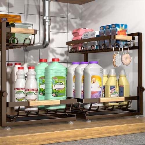 Sevenblue 2 Packs Under Sink Organizer, Height Adjustable 2 Tier Under Kitchen Sink Organizer, Multi-Purpose Storage Shelf for Kitchen Bathroom Cabinet (Brown, Extra Large) - color: Brown, size: Extra Large