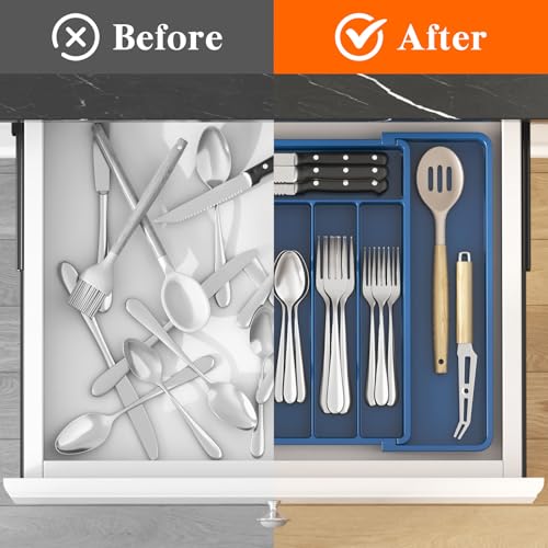 Lifewit Silverware Drawer Organizer, Expandable Utensil Tray for Kitchen, BPA Free Flatware and Cutlery Holder, Adjustable Plastic Storage for Spoons Forks Knives, 10.9"-17.5" x 13.7", Dark Blue - color: Dark Blue, size: Large (11-18''W x 14''D)
