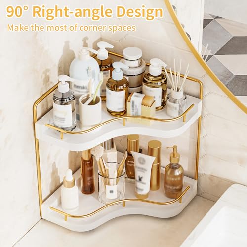 2-Tier Corner Bathroom Counter Organizer with Embedded Screw Holes, Secure & Stable Wood Vanity Shelf for Makeup and Skincare Essentials - Space Saving Bathroom Countertop Storage, White Gold - color: White Gold