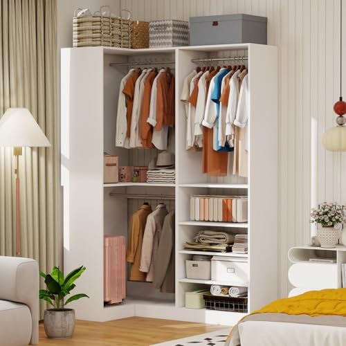Closet System with 2 Sets, 5FT-10FT Closet Organizer System with 5 Hanging Rods& Adjustable Shelves, Corner Walk in Closet Free Standing Closet System, Modular Closet System, White