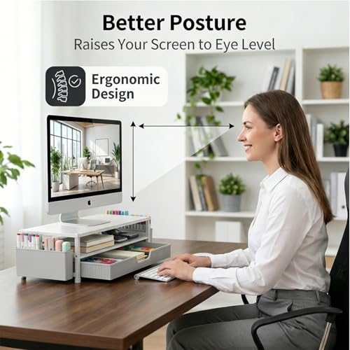ECOLOVI Desk Organizer and Accessories, 2-Tier Computer Monitor Stand Rise with Storage Drawer & 2 Pen Holders, Laptop & Printer Stand for Desktop, Workspace Organizers for Office Supplies (White) - color: White