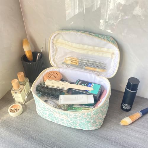 Green Large Quilted Floral Makeup Bag Cute Soft Coquette Aesthetic Cosmetic Bag Cotton Travel Toiletry Bag for Women - color: A-Green