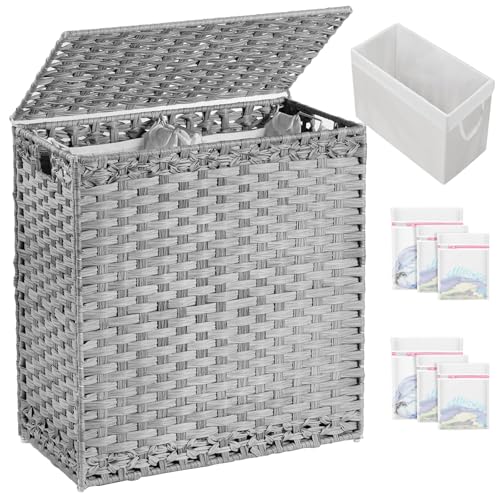 SETVSON Laundry Hamper with Lid Wicker Laundry Basket 112 L (29.6 Gal) Laundry Hampers Handwoven Rattan Clothes Hamper with Handles 3 Removable Liner Bag, 6 Mesh Bags for Bathroom Bedroom Gray - color: Grey, size: 29.6 Gal