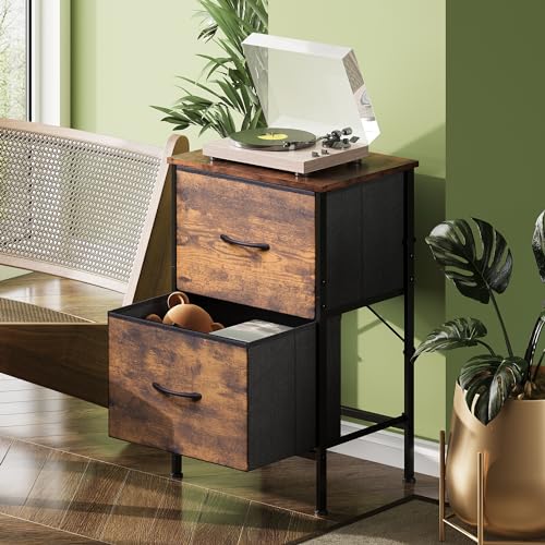 WLIVE Night Stand, Small Dresser with 2 Drawers & Wooden Top, Nightstand with Fabric Bins, Bedside Table End Table for Bedroom, Closet, Entryway, College Dorm, Rustic Brown - color: A-rustic Brown, size: 11.8"D x 15.7"W x 24.9"H