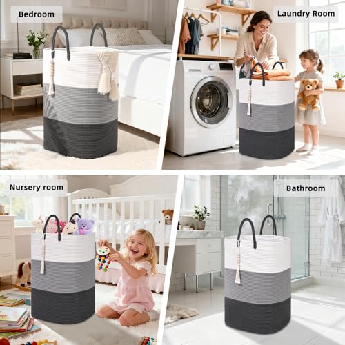 Woven Laundry Basket for Clothes,65 L Large Rectangle Laundry Hampers with Beads Tassel, Nursery Storage Basket for Toys, Tall Dirty Clothes Hamper for Bedroom Aesthetic, Laundry Room Organization - color: Gradient Gray, size: 65L