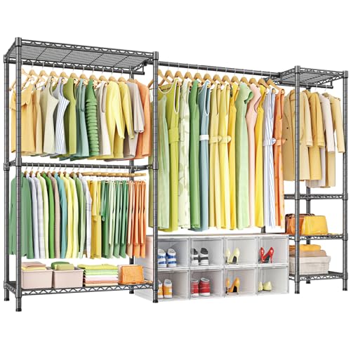 Ulif E10 Clothes Rack（With Stretchable Hanger Rod）Freestanding Clothing Racks for Hanging Clothes，Adjustable Closet Organizer System，Portable Garment Rack 73-97" W x 15" D x 72" H，Max Load 800LBS，Grey - color: Grey