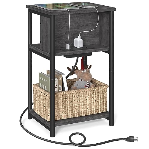 VASAGLE Side Table with Charging Station, 3-Tier End Table with USB Ports and Outlets, Nightstand for Living Room, Bedroom, 11.8 x 13.4 x 22.8 Inches, Plug-in Series, Misty Gray and Black - color: Misty Gray + Black