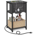 VASAGLE Side Table with Charging Station, 3-Tier End Table with USB Ports and Outlets, Nightstand for Living Room, Bedroom, 11.8 x 13.4 x 22.8 Inches, Plug-in Series, Misty Gray and Black - color: Misty Gray + Black