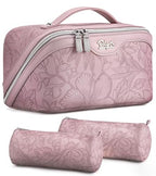 BOYATU Travel Makeup Bags Cosmetic Organizer Bag: 3-Set Large Capacity Make up Bag - PU Leather Toiletry Bags for Women - Wide Open Portable Pouch with Divider & Handle (01-Z-Light Purple) - color: 01-Z-Light Purple
