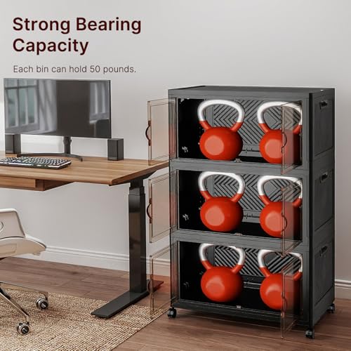 UAMFURI Extra Large Stackable Storage Bins with Lids & Wheels, 165QT-55QT/14GAL*3Pack Foldable Collapsible Closet Organizers Dark Storage Cabinet with Doors for Bedroom Dorm - color: Black, size: 3PACK-25"W16"D45"H
