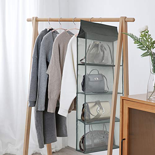 Closet Handbag Purse Holder, Space Saving Hanging Handbag Storage Tote Bag Organizer Holder with 4 Large Heavy-Duty Mesh Shelves for Wardrobe Closet(Gray) - color: Grey