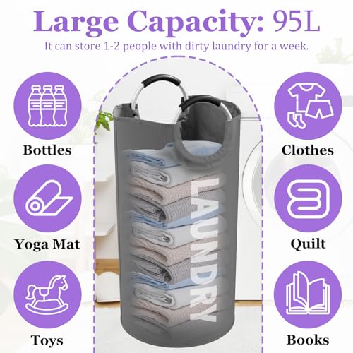 Collapsible Laundry Basket with Handles, 95L Large Laundry Hamper for Bedroom, Dirty Clothes Hamper Stand Up Well, Portable Storage Basket for Famliy, Travel, Dark Grey - color: Dark Grey, size: L-95L