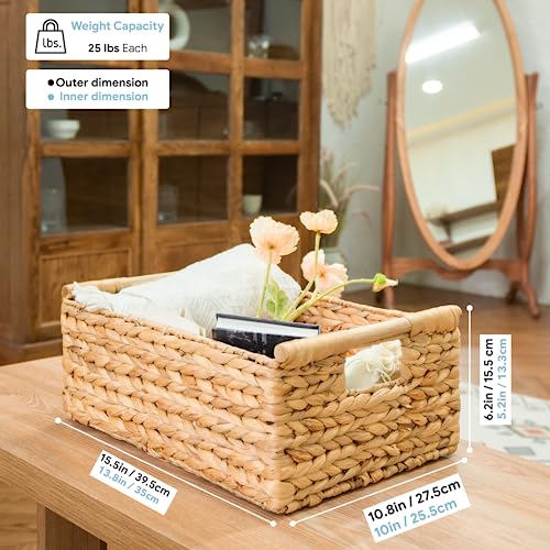 VATIMA Hyacinth Large Wicker Basket 15.5x10.8x6.2" - Rectangular, Wooden Handles, Shelf Organizer - color: Water Hyacinth, size: Large (15.5"L x 10.8"W x 6.2"H)