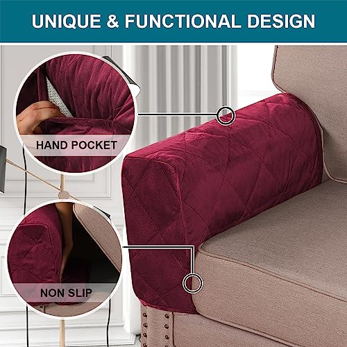 Non-Slip Sofa Armrest Protector,Thick Velvet Armrest Covers for Chairs and Sofas Couch with Side Pocket,Armrest Storage Organizer,Washable Arm Covers for Dogs，Set of 2 (Burgundy) - color: Burgundy