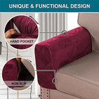 Velvet Quilted Armrest Covers - Water-Resistant Sofa Arm Protectors Set of 2 with Side Pocket Organizer, Non-Slip Furniture Covers for Chairs & Couches (Burgundy) - color: Burgundy